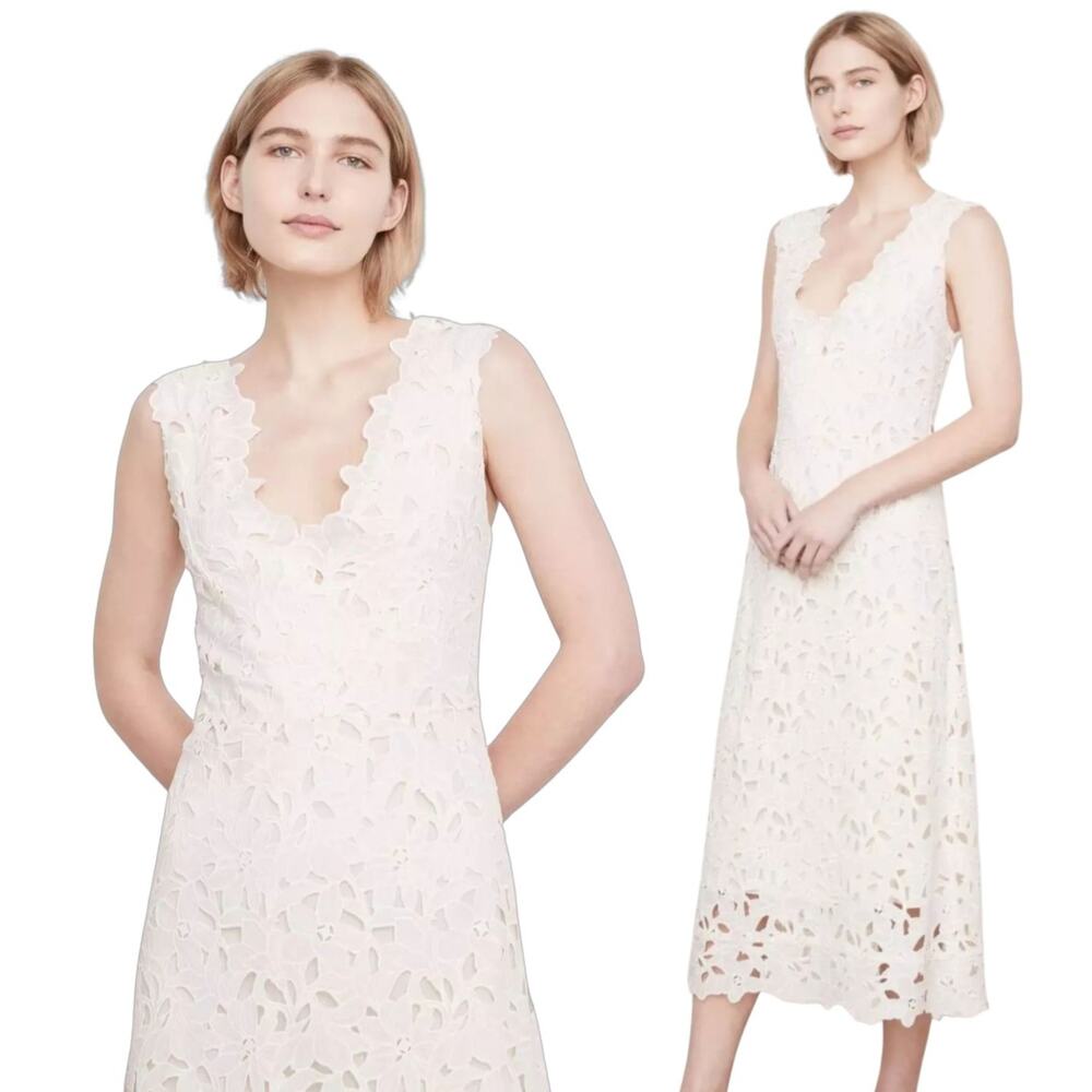 Ivory Lace Midi Dress V Neck Sheath Cottagecore Romantic Summer Event, 6 NWOT - Picture 3 of 7